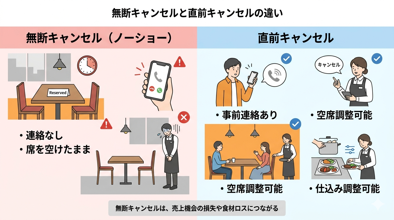 無断キャンセルと直前キャンセルの違いを比較した図解